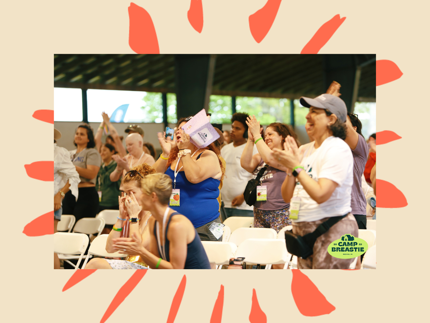 Breasties give a standing ovation and wipe away tears during the DEI panel at Camp Breastie.