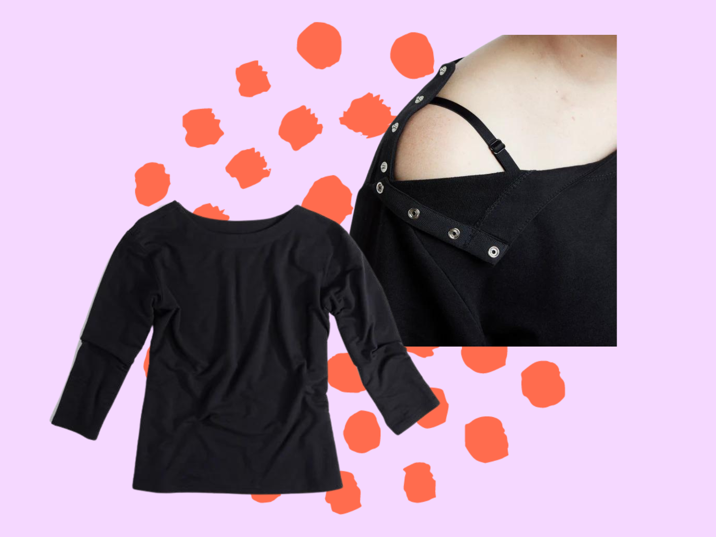 A black boatneck long-sleeve shirt with snaps at the shoulder, revealing a bra strap.
