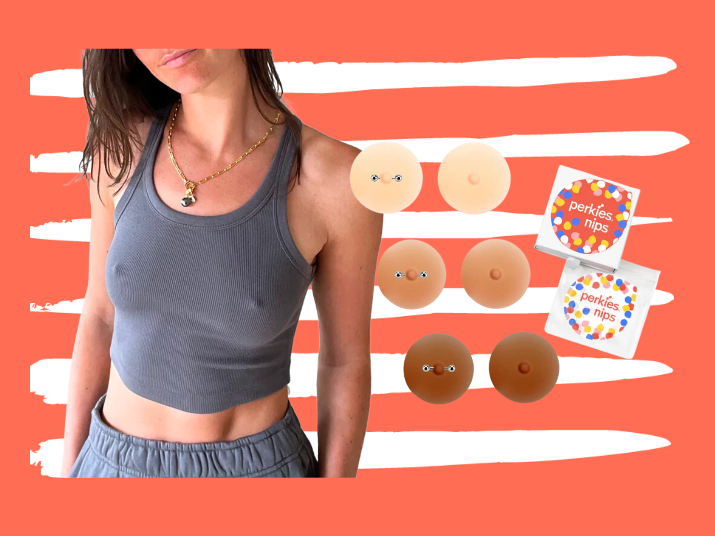 Collage of a person in a tank top with visible nipples and faux nipple silicone pads.