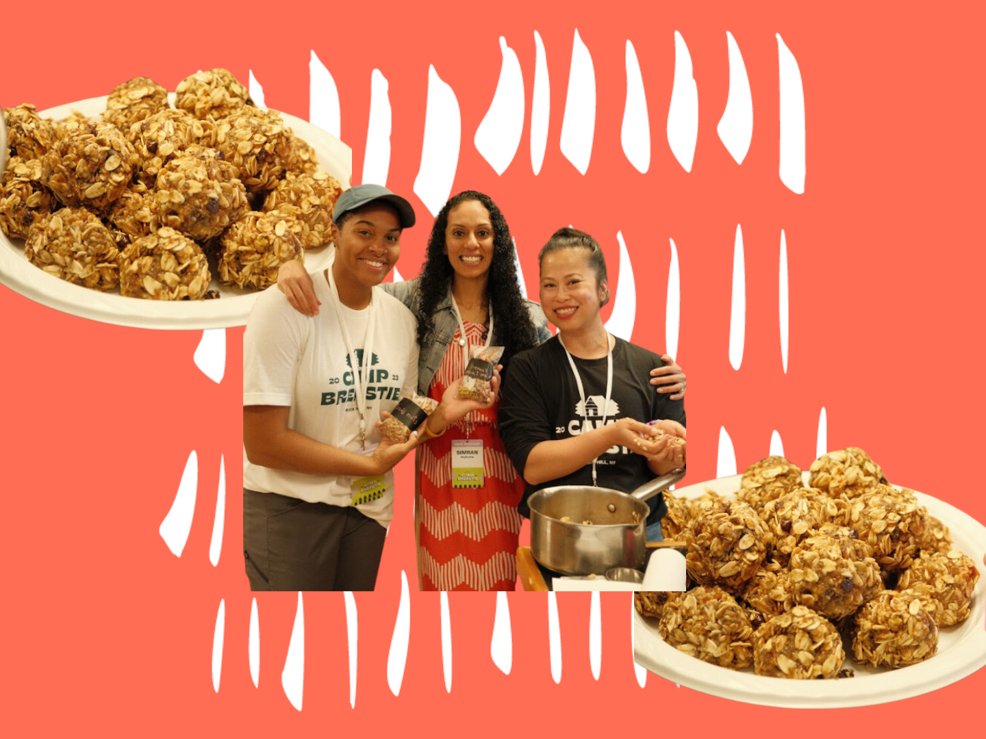 Dr. Simran smiles with Breasties who are busy making her no-bake plant powered bites. Plates show the no-bake oat-based balls