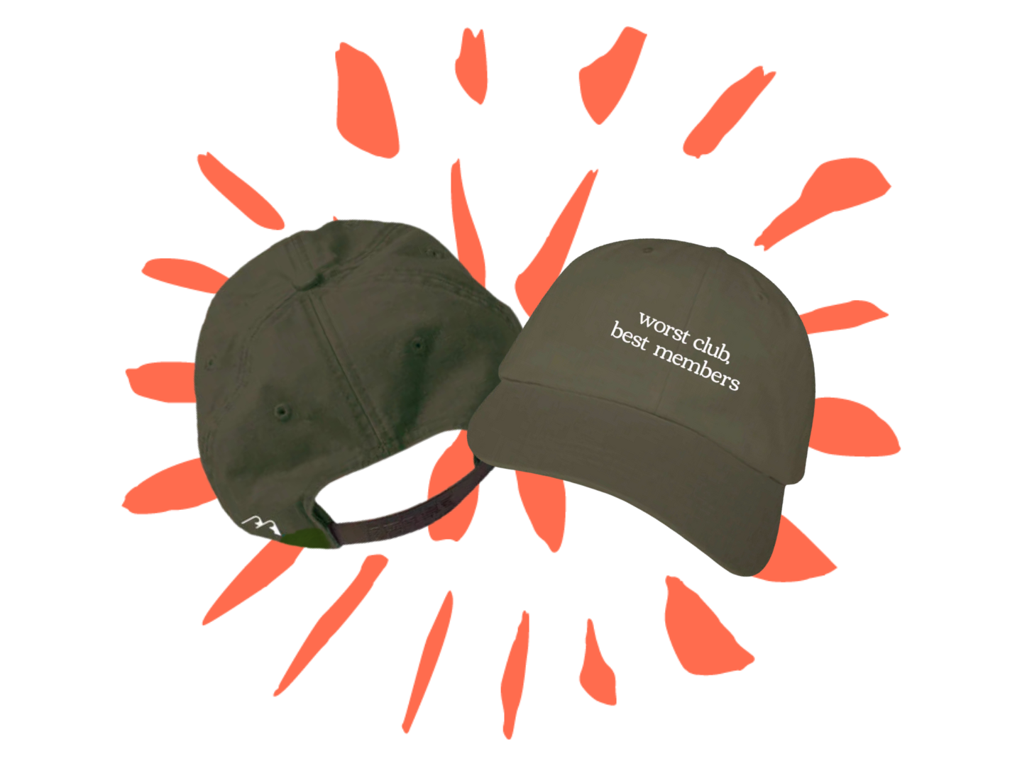 The Breasties' "Worst Club, Best Members" olive green hat on top of an illustrated starburst 